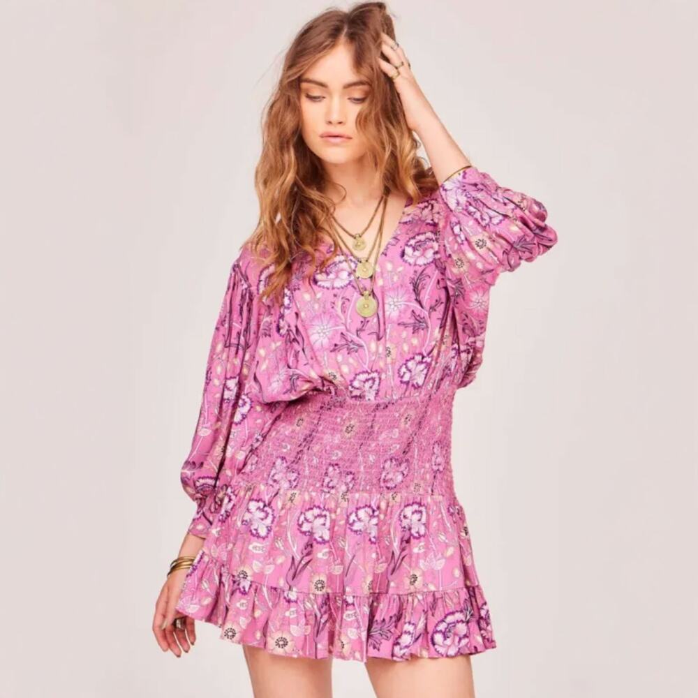 Je Jen's Pirate Booty Baroque Mini Dress Ceris Pink Floral Smocked Size S